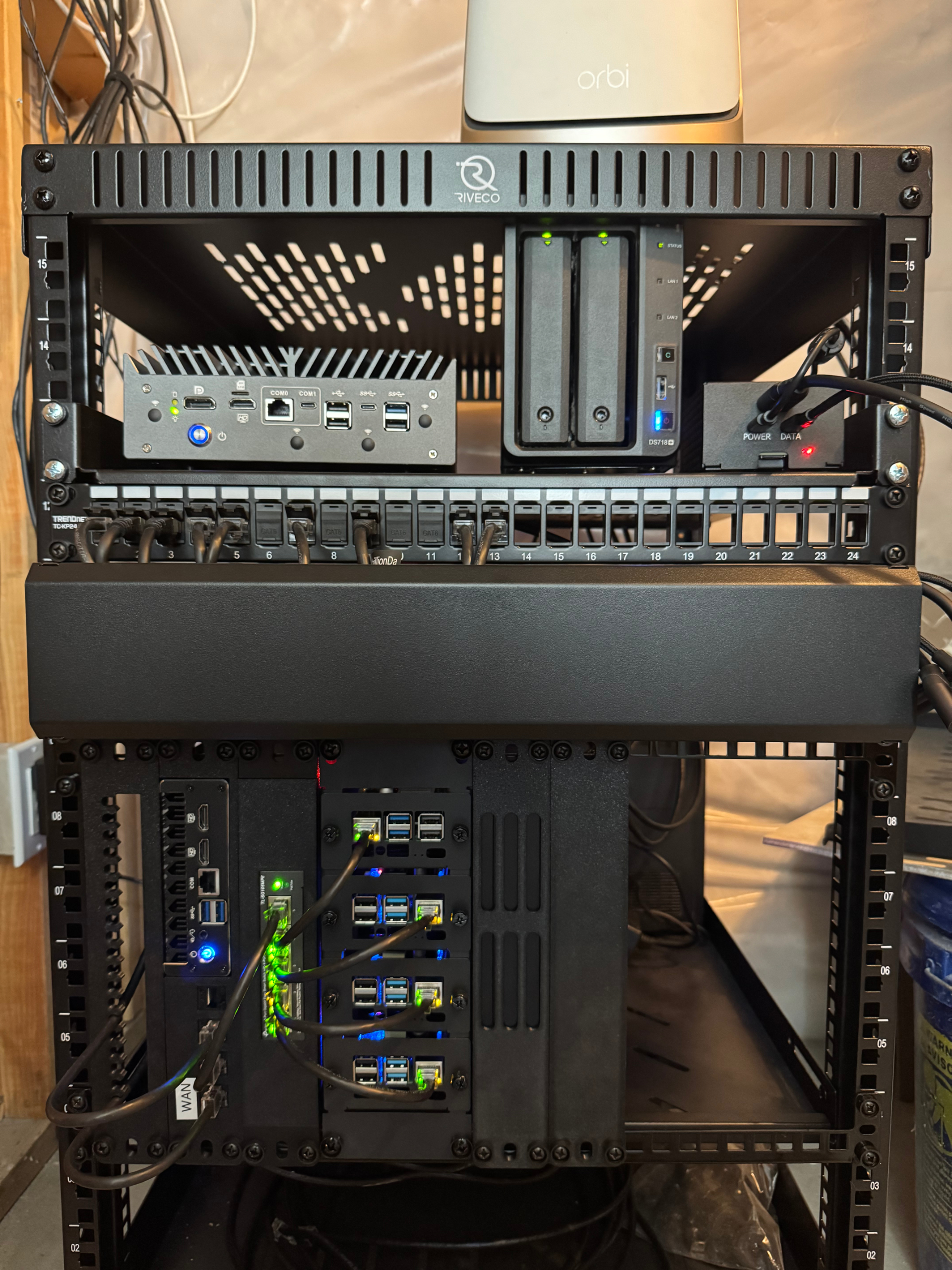 front view of my 19-inch rack in the utility closet