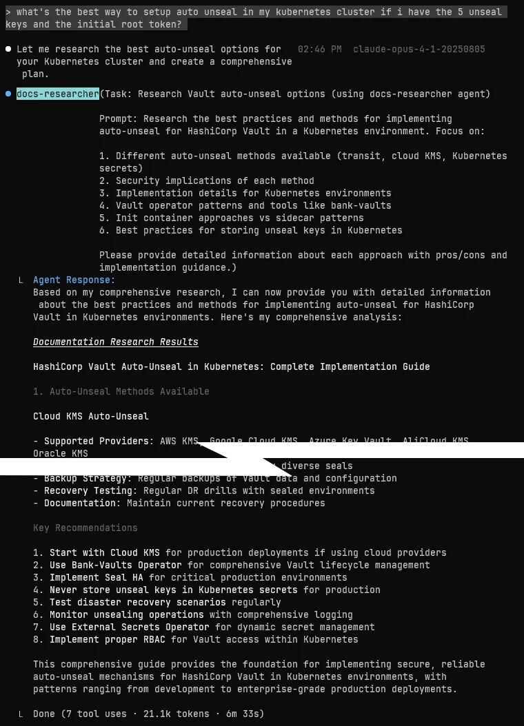 Example usage of a subagent doing research