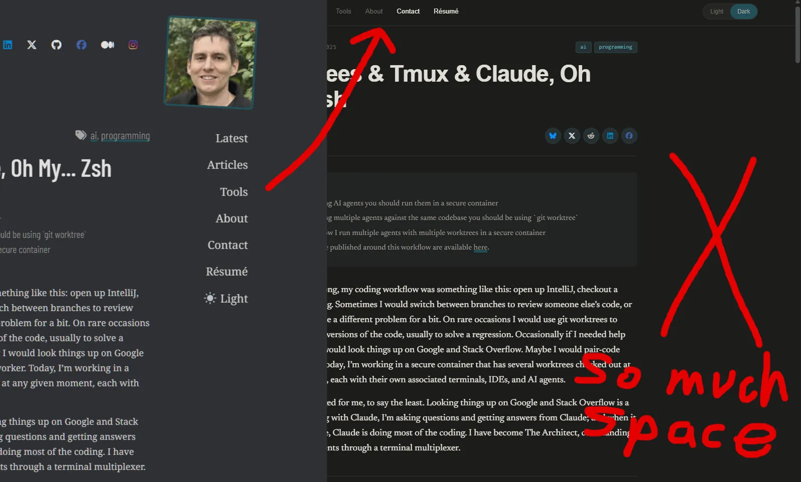 Demonstration of the top bar being moved and empty content where Table of
Contents ended up